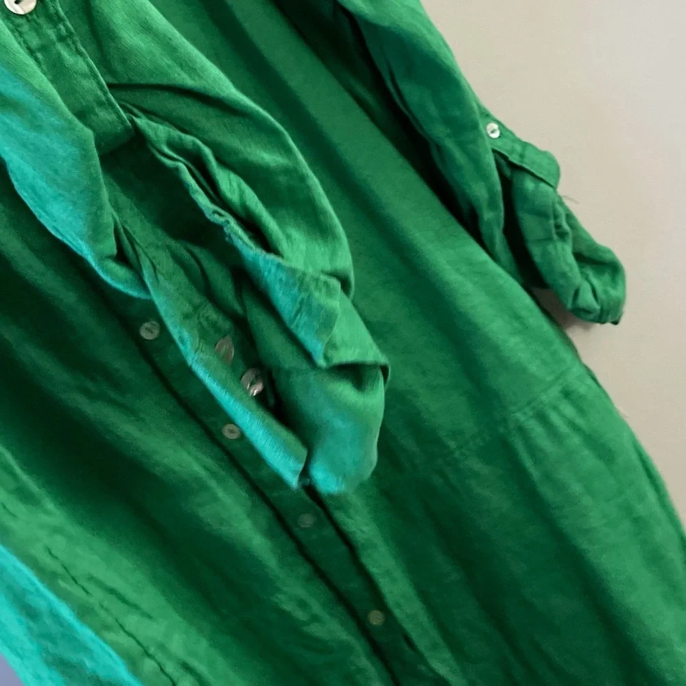 Tahari Linen Shirt Dress Green Chic Boho Coastal Vacation Festival Preppy - Picture 6 of 6